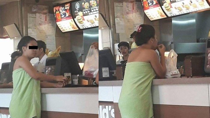 Hanya Berbalut Handuk, Wanita ini Tetap Santai Memesan Makanan di Restoran Cepat Saji