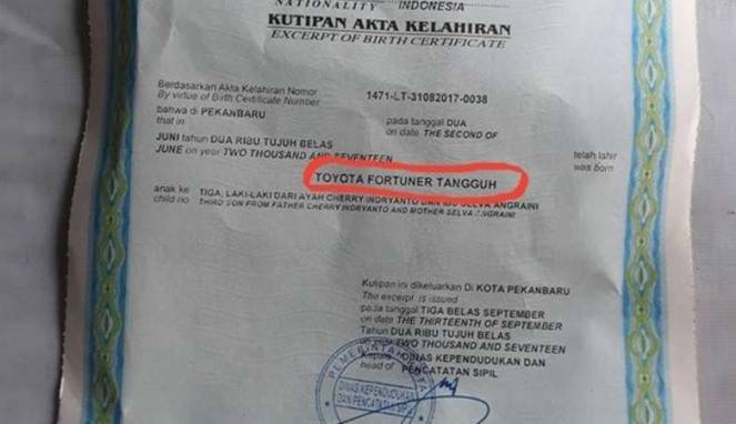 Bayi di Pekanbaru Bernama Toyota Fortuner Tangguh