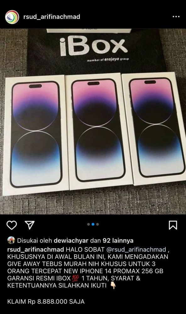 Akun IG RSUD Arifin Achmad Dibajak Untuk Penipuan