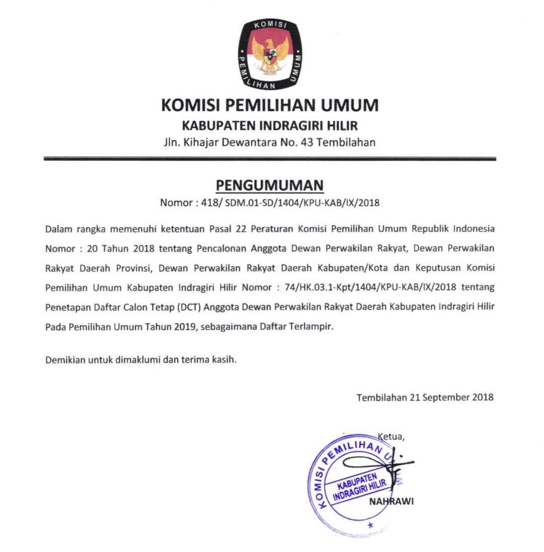 Daftar Calon Tetap (DCT) Anggota DPRD Kabupaten Indragiri Hilir Pemilu 2019