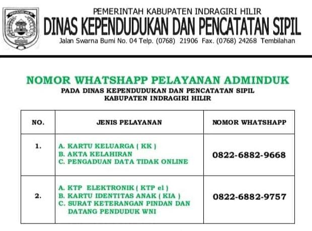 Catat Nomornya, Disdukcapil Inhil Berlakukan Layanan Online