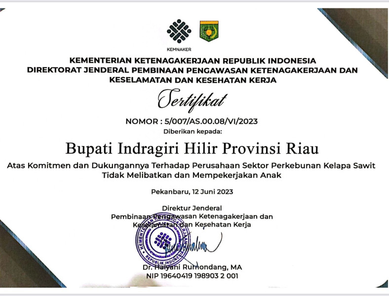 Komit Dukung Penghapusan Pekerja Anak, Bupati Inhil Terima Penghargaan dari Kemenaker RI