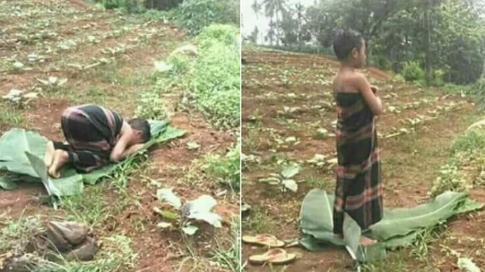 Cerita Pilu Dibalik Foto Bocah Tuban Jawa Timur Salat Beralas Daun Pisang, Warganet Sampai Haru