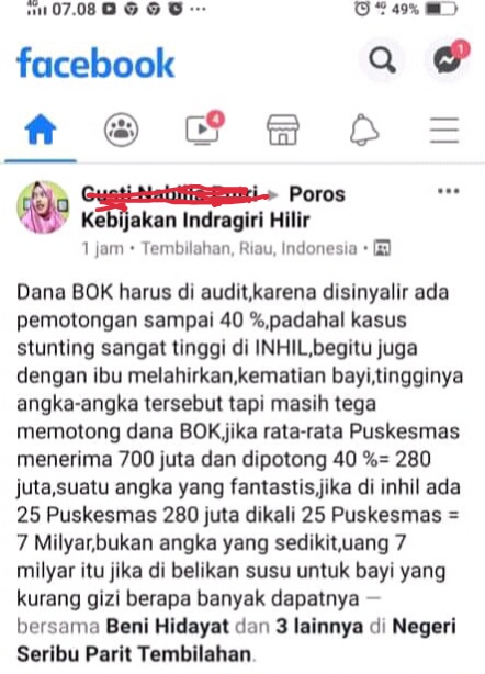 Dianggap Sebar Hoax, Dinkes Inhil Akan Laporkan Akun Facebook Gusti Nabila Putri ke Polisi
